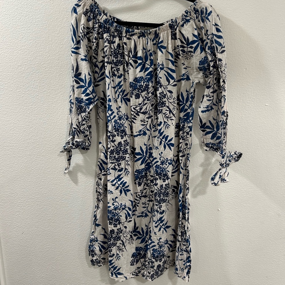 Blue and White Linen Off-Shoulder Casual Sundress with 3/4 Bishop Sleeves